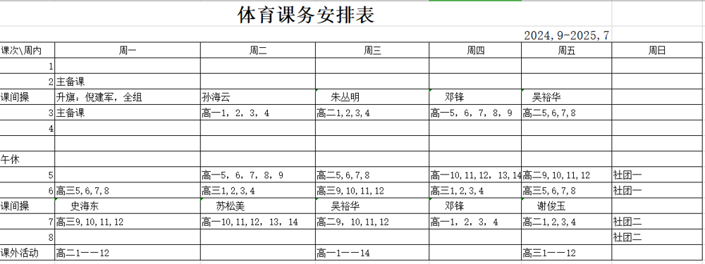 2024-2025学年海安市立发中学体育组总课表